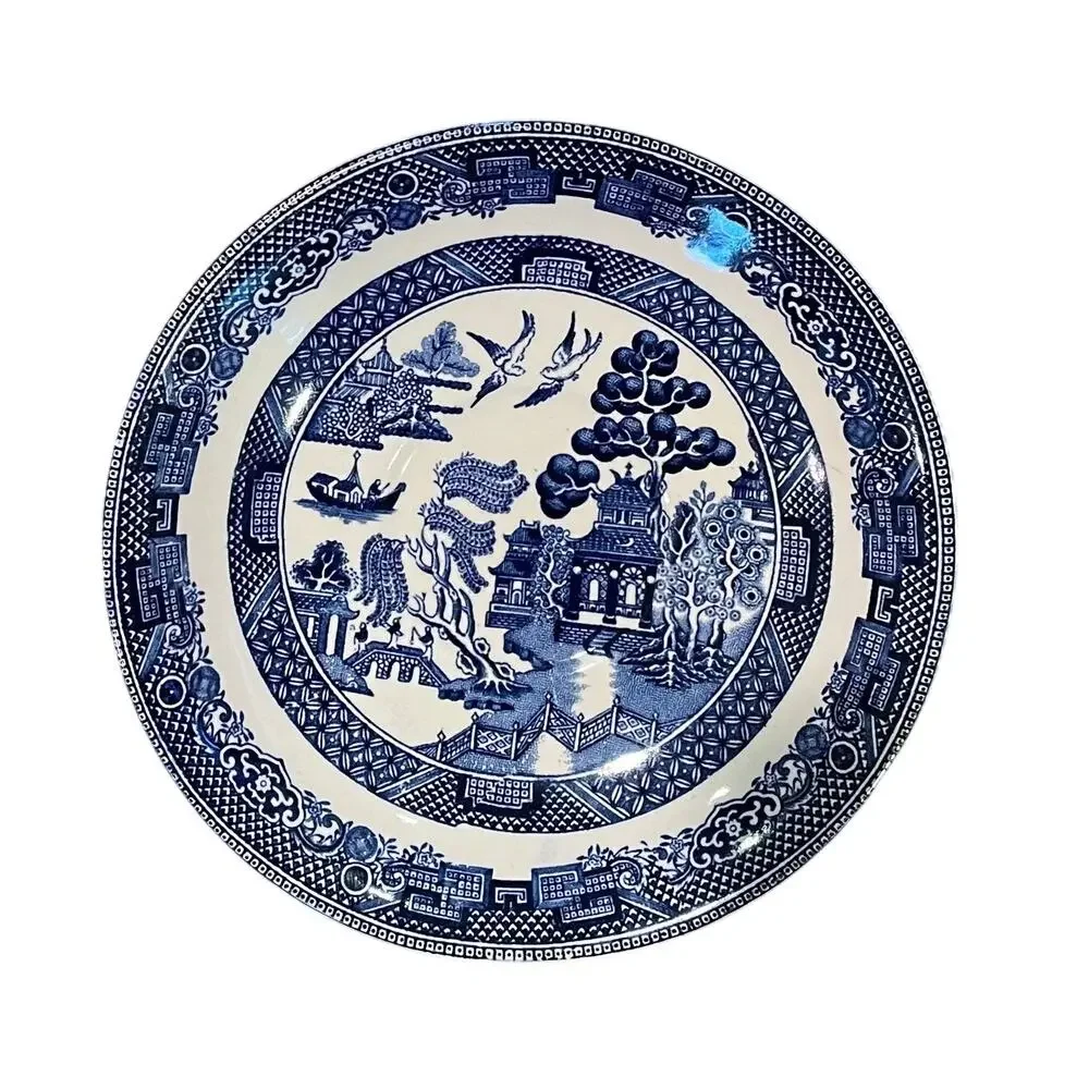 Vintage Johnson Bros. Willow Chinoiserie Teacup & Saucer, Blue, White, Set of 7